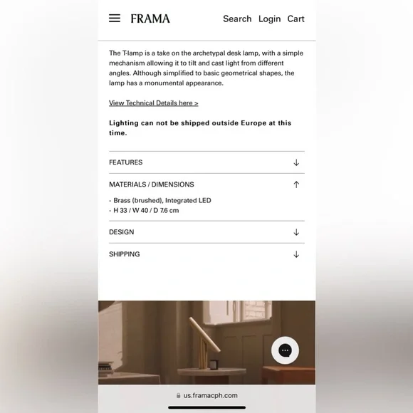 FRAMA Brass T-Lamp (NWOT)